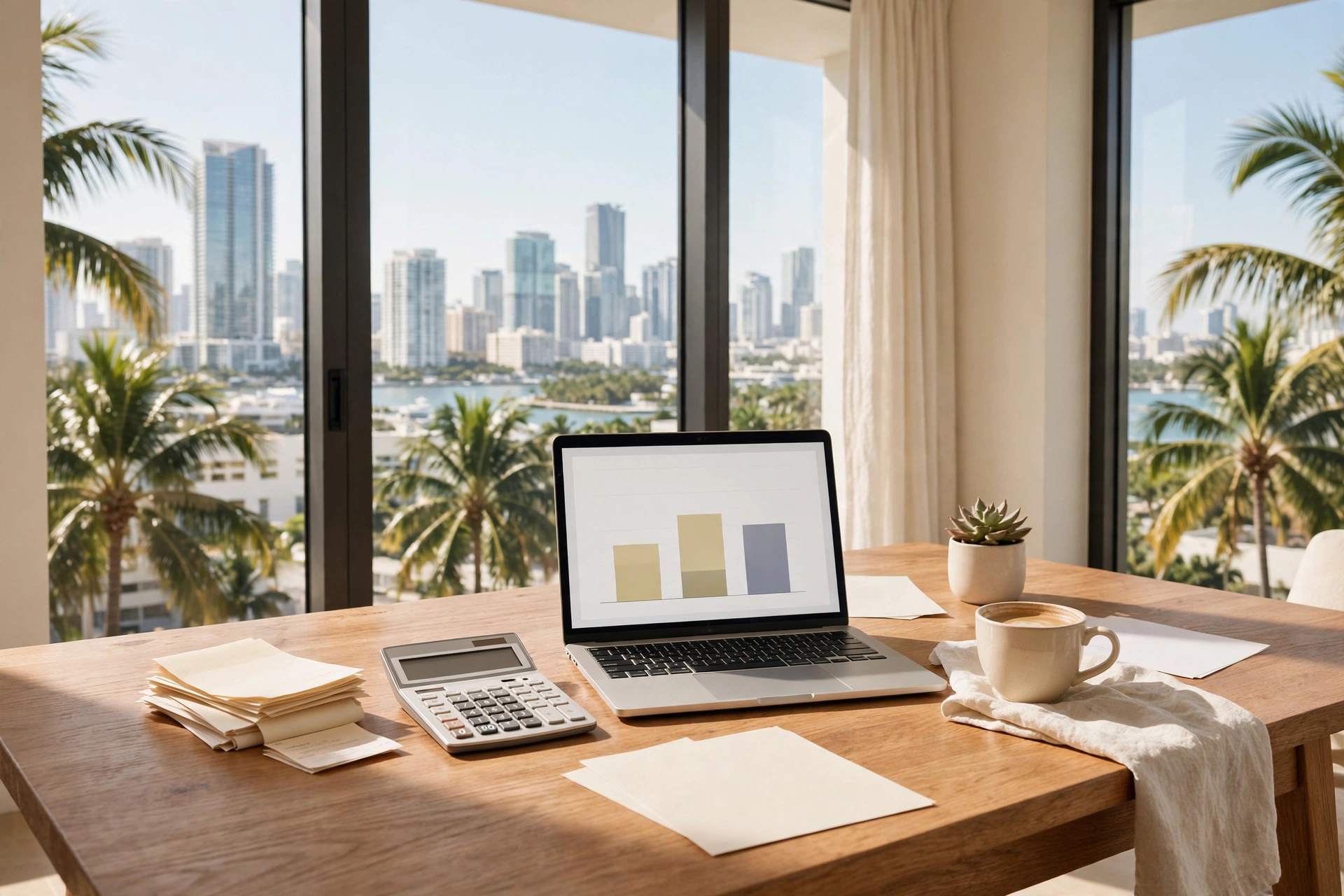 Sunny Miami apartment table with a laptop tax comparison, pay stubs and a calculator — moving to Miami, Florida vs your state taxes, cost of living in Miami