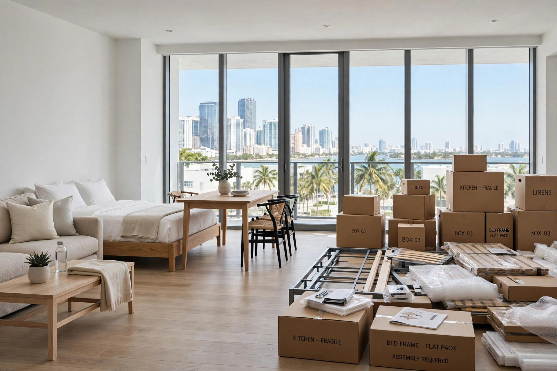 Apartamento luminoso en Miami el día de la mudanza con un sofá y una cama rentados ya instalados a un lado y cajas de muebles para armar al otro — vivir en Miami, alquilar muebles vs comprar al llegar, cuánto cuesta vivir en Miami