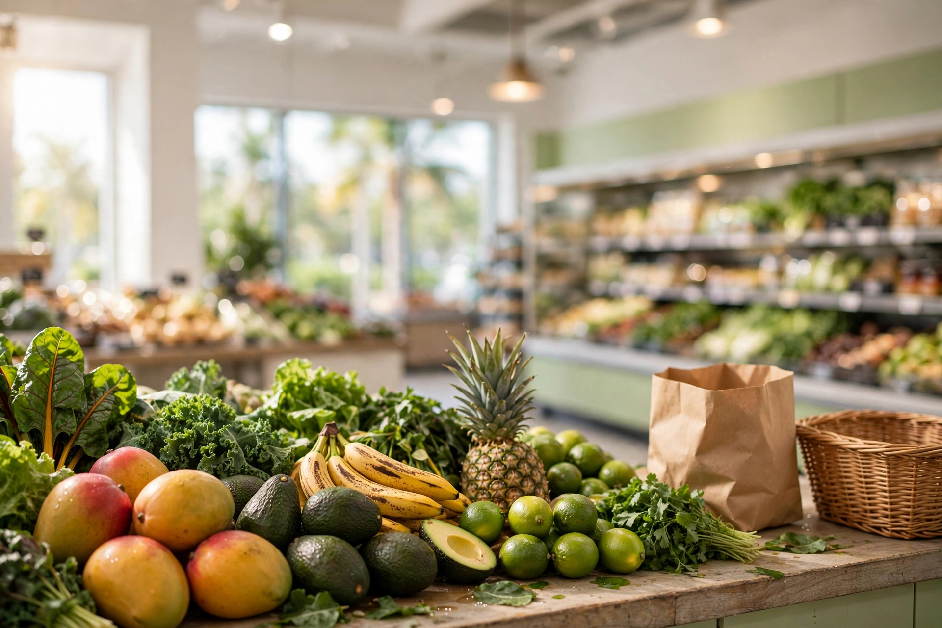 Fresh tropical produce, mangoes, avocados, plantains and leafy greens, at a bright Miami grocery market in warm morning light — moving to Miami, grocery costs in Miami, cost of living in Miami, best neighborhoods in Miami