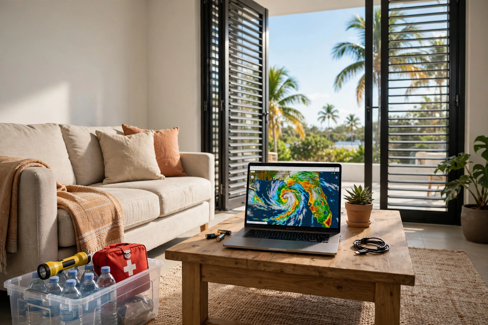 Bright Miami apartment living room prepared for hurricane season with a storage bin of bottled water, flashlight and first aid kit, shutters and palm trees outside the window — moving to Miami, hurricane preparation for newcomers, cost of living Miami