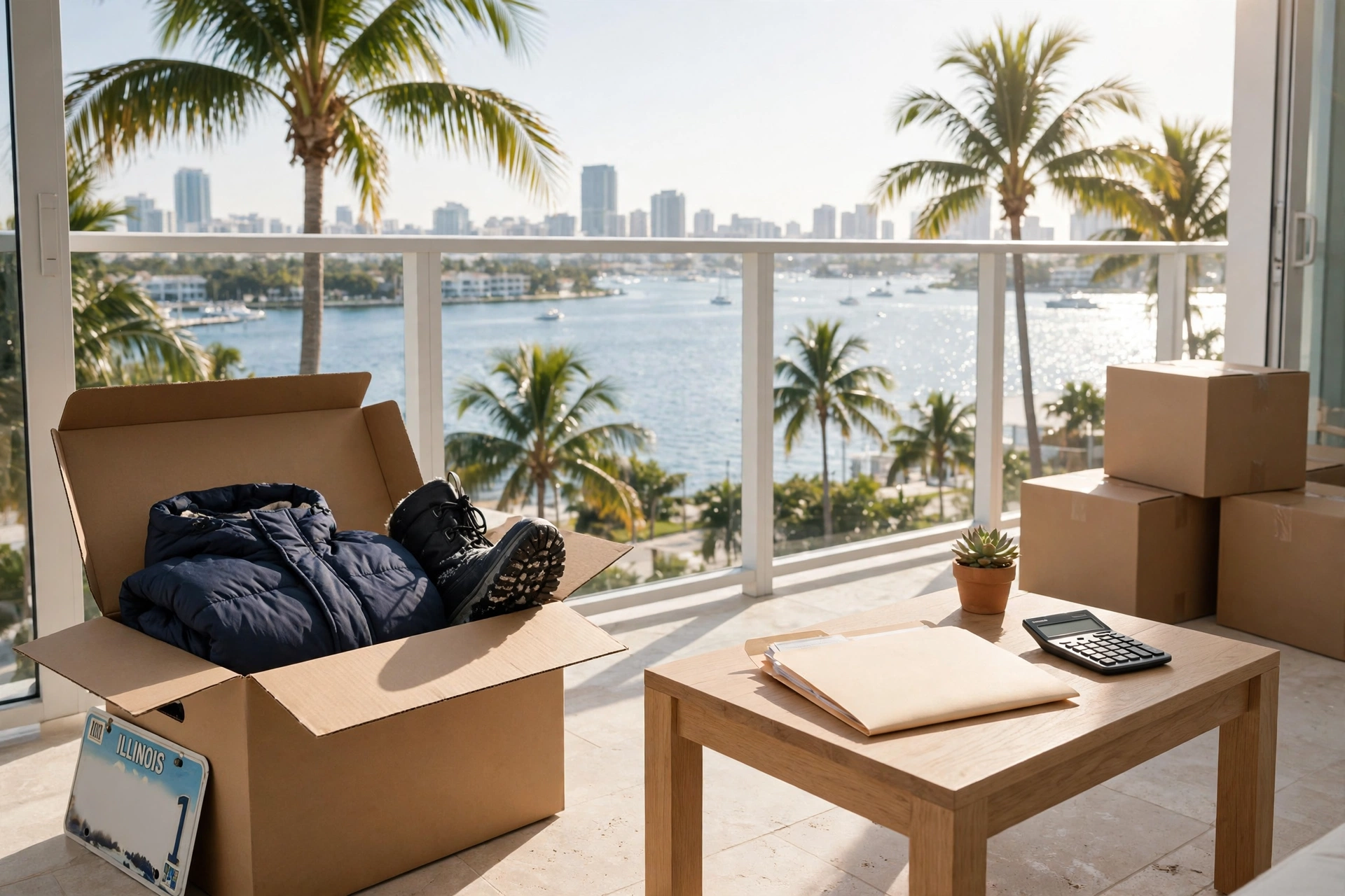 Sunlit Miami apartment balcony with a moving box holding a Chicago winter coat and snow boots, an Illinois license plate, a tax folder and calculator on a table overlooking Biscayne Bay — moving to Miami from Illinois, moving to Florida from Illinois, cost of living Miami
