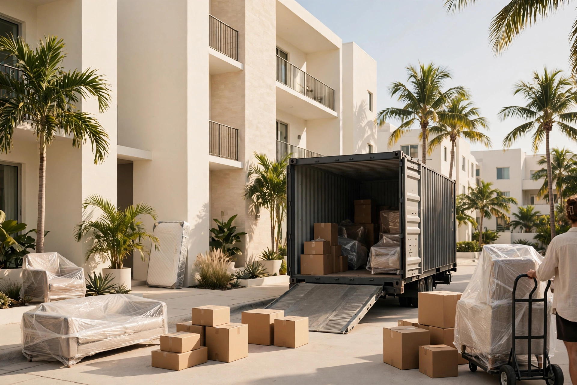 Moving container being unloaded with wrapped furniture and boxes at a bright Miami residential building — moving to Miami, real cost of an international move, cost of living in Miami