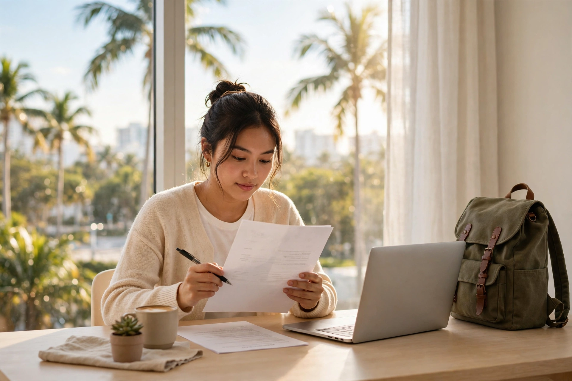 Young international university student in Miami carefully reading a rental lease at a bright desk with a pen, laptop and backpack beside her, palm trees and sunlight through the window — moving to Miami, lease clauses international students misunderstand in Florida, cost of living in Miami