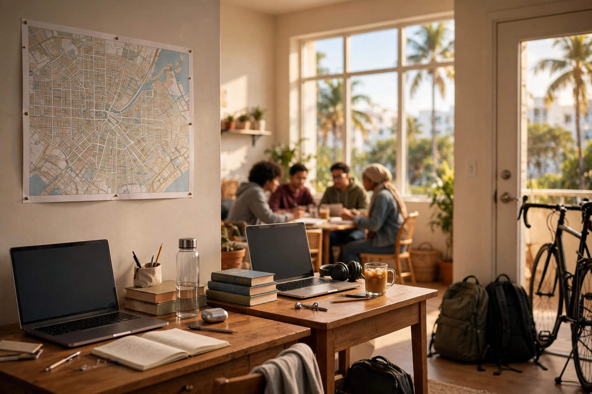 Bright shared student apartment living room in Miami with two desks, laptops and textbooks, a map of Miami neighborhoods on the wall, backpacks and a bicycle by the door, palm trees through the window — moving to Miami, Miami Dade College international students, affordable neighborhoods, cost of living in Miami