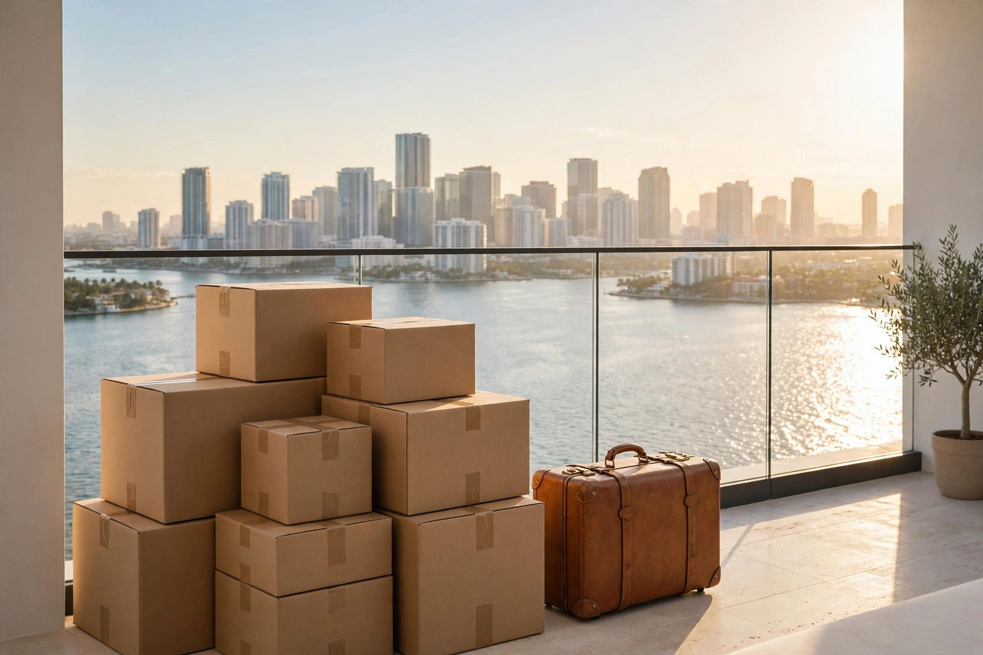 Cajas de mudanza y maleta de cuero en una terraza de Miami con el skyline al amanecer — mudarse de México a Miami, costo de mudanza internacional, menaje a Miami 2026