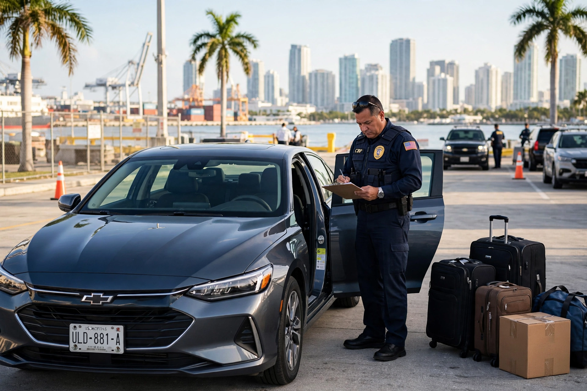 Mexican family sedan with Mexican plates at a bright port inspection area near Miami with palm trees and skyline, relocation suitcases nearby — moving to Miami, sell the car in Mexico or bring it, EPA DOT reality