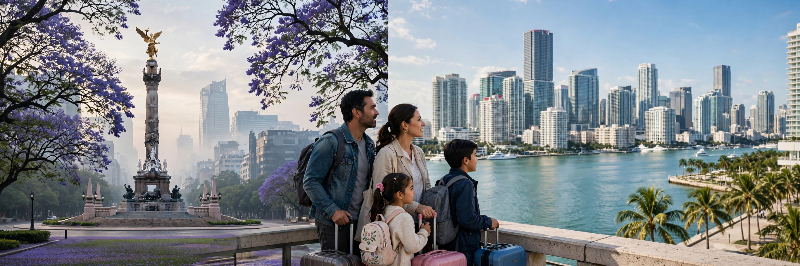 Split editorial view of Mexico City skyline with jacaranda trees and Miami Brickell skyline across Biscayne Bay with palm trees, Mexican family with suitcases between them — moving to Miami, cost of living Mexico City vs Miami 2026 real numbers