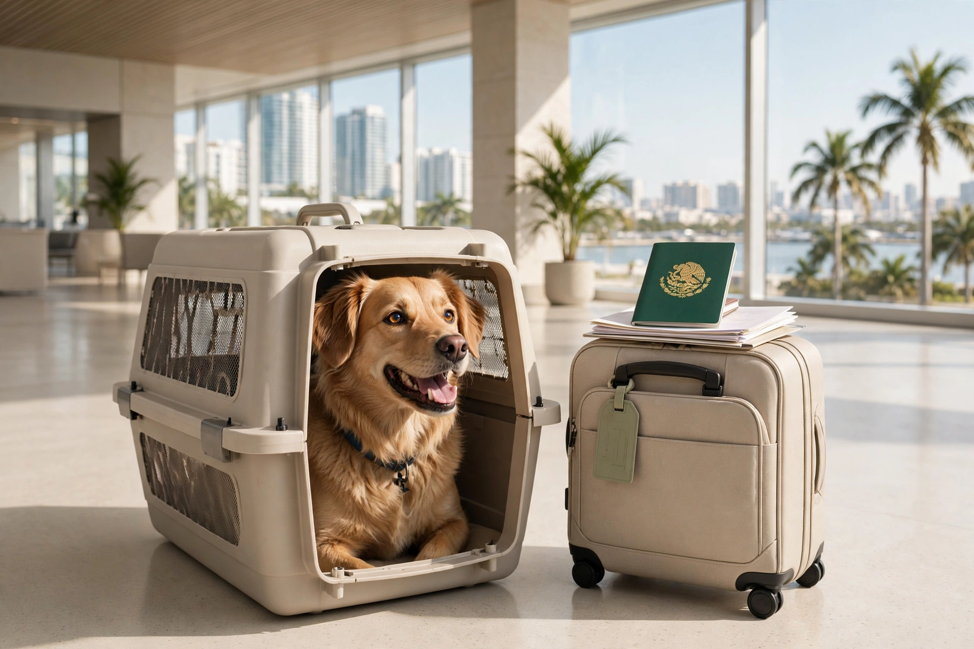 Happy dog in an airline travel carrier beside a suitcase and a Mexican passport at a bright Miami airport arrivals hall, palm trees and skyline through the windows — moving to Miami, bringing your dog from Mexico, CDC rules 2026