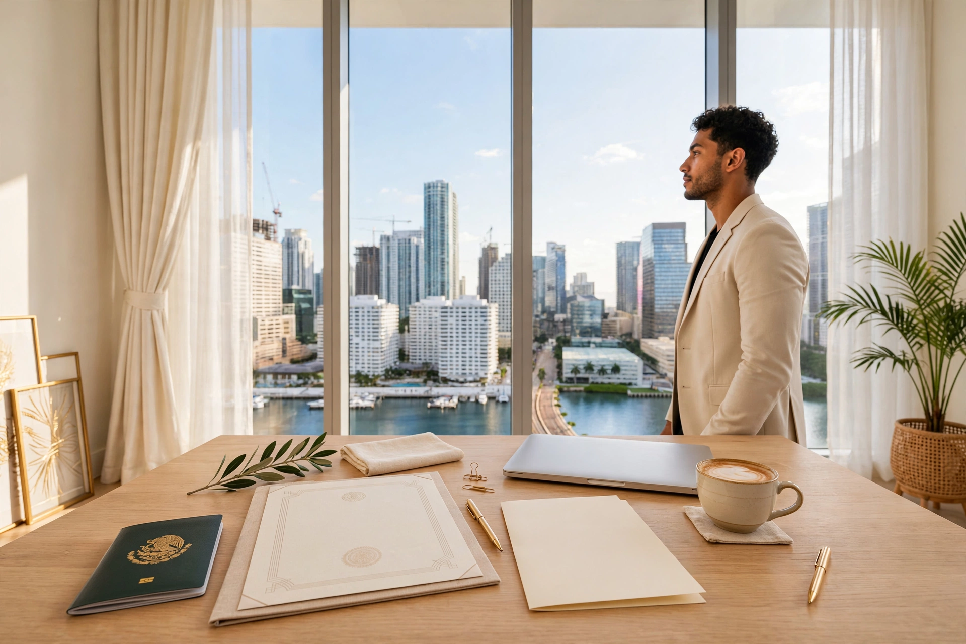Mexican professional in a blazer at a bright Miami desk with a Mexican passport, a degree certificate and an employer letter, Brickell skyline through the window — moving to Miami, TN visa for Mexicans 2026, USMCA work route to Miami