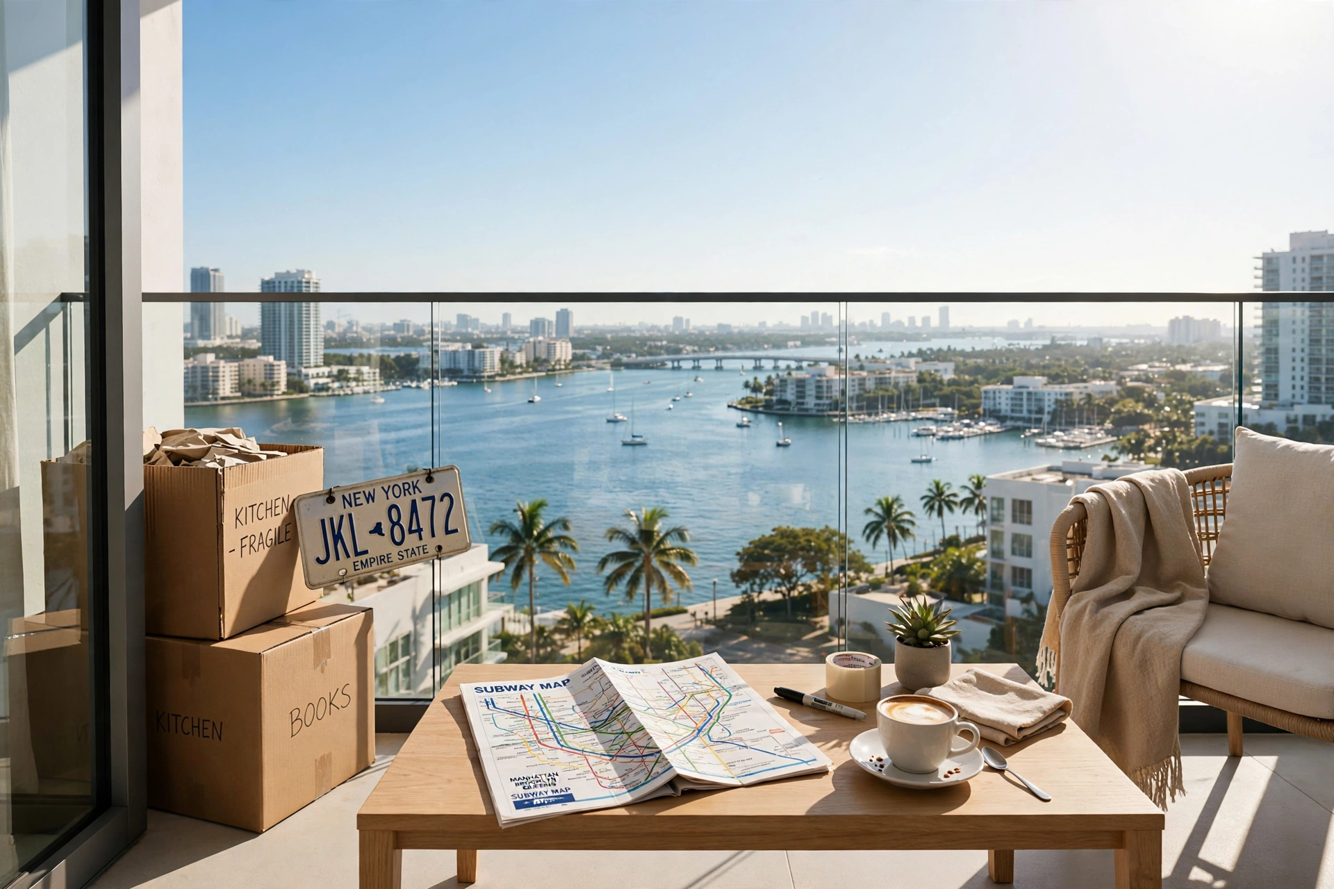 Sunny Miami high-rise balcony with moving boxes and a New York license plate overlooking Biscayne Bay — moving to Miami from New York, best Miami neighborhoods for New York transplants, cost of living in Miami vs New York