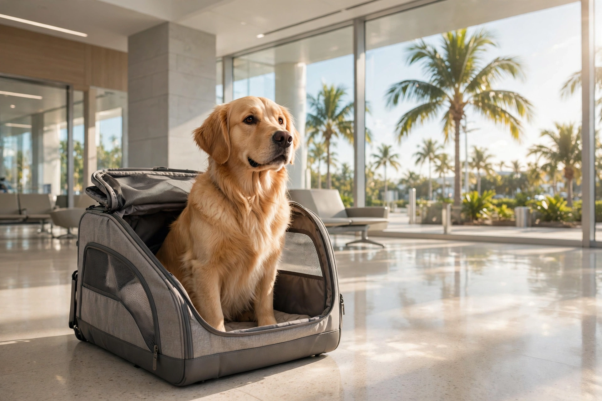 Golden retriever in a travel carrier at a Miami airport arrivals hall — moving to Miami with your pet, bringing pets to the US, cost of living in Miami