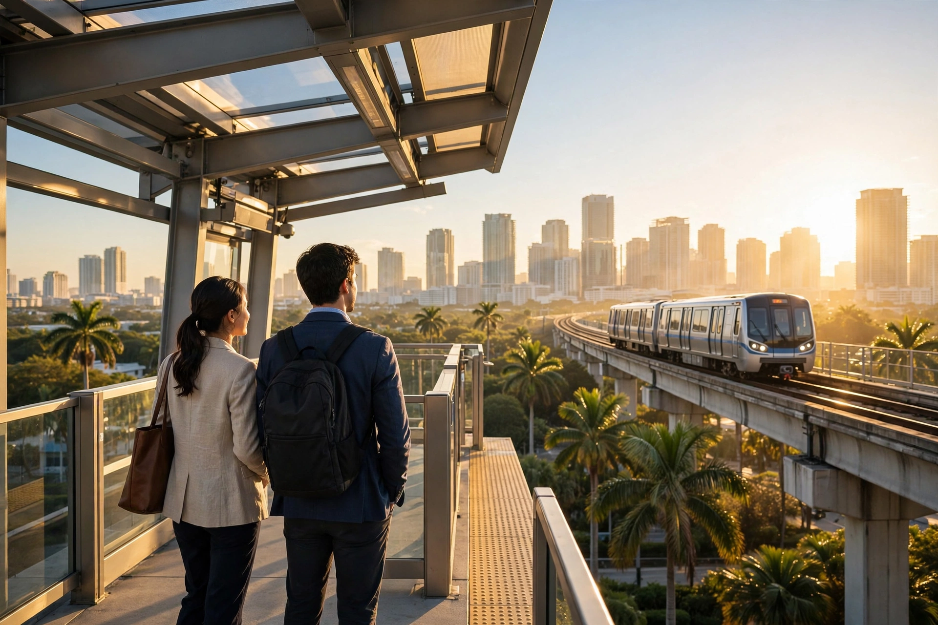 Pareja esperando en una plataforma elevada del Metrorail en Miami con luz de mañana, un tren llegando y el skyline de Brickell detrás — vivir en Miami, transporte público en Miami, cuánto cuesta vivir en Miami