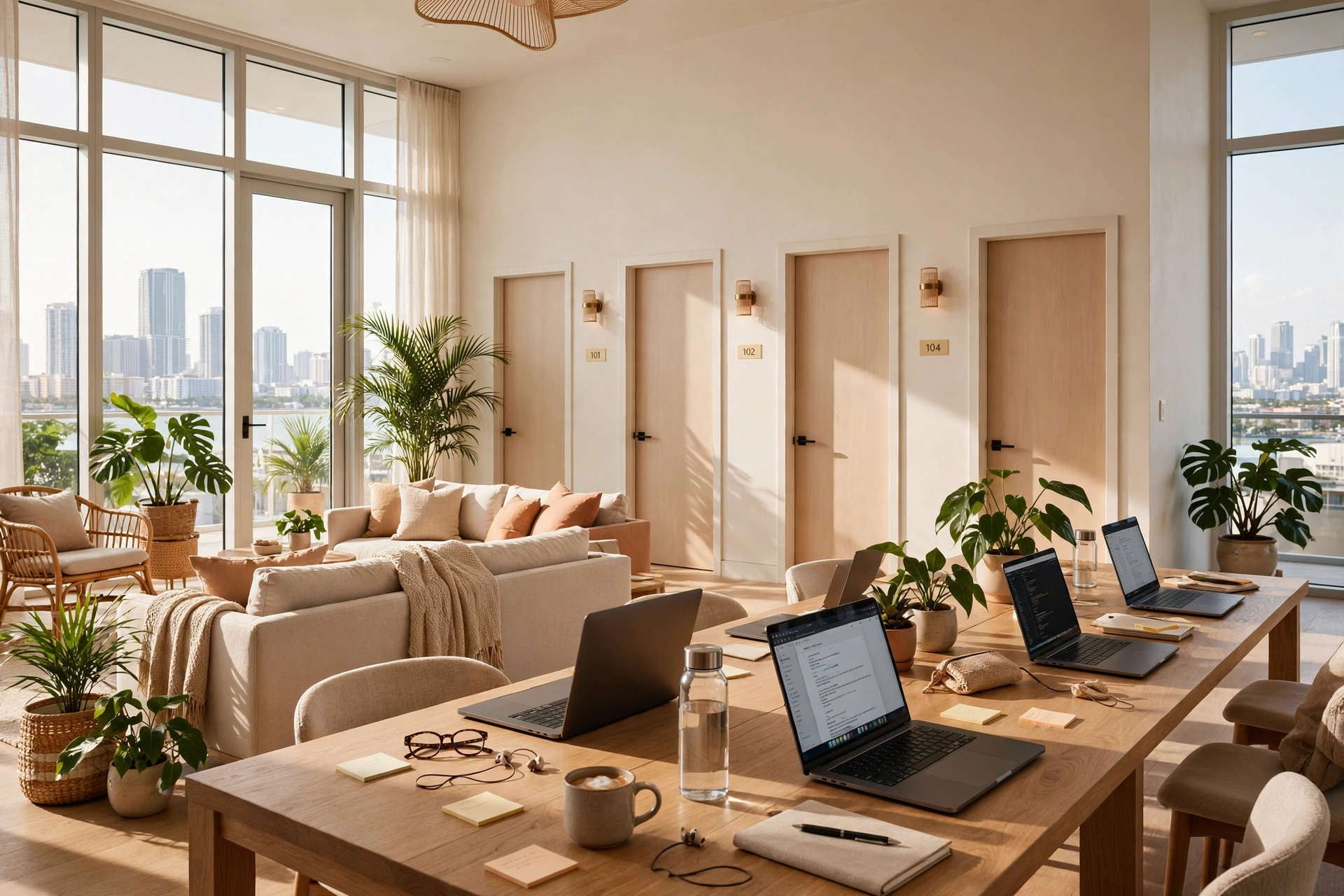 Moving to Miami: coliving for remote workers — bright shared living and coworking lounge with private rooms, cost of living in Miami