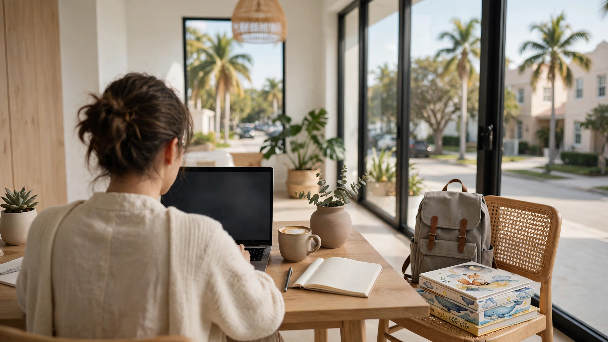 Parent working on a laptop at a bright Miami coworking desk with a school backpack nearby and palm trees on a tree-lined residential street outside the window — moving to Miami, remote workers with families, neighborhoods with coworking and good schools, cost of living in Miami, best neighborhoods in Miami
