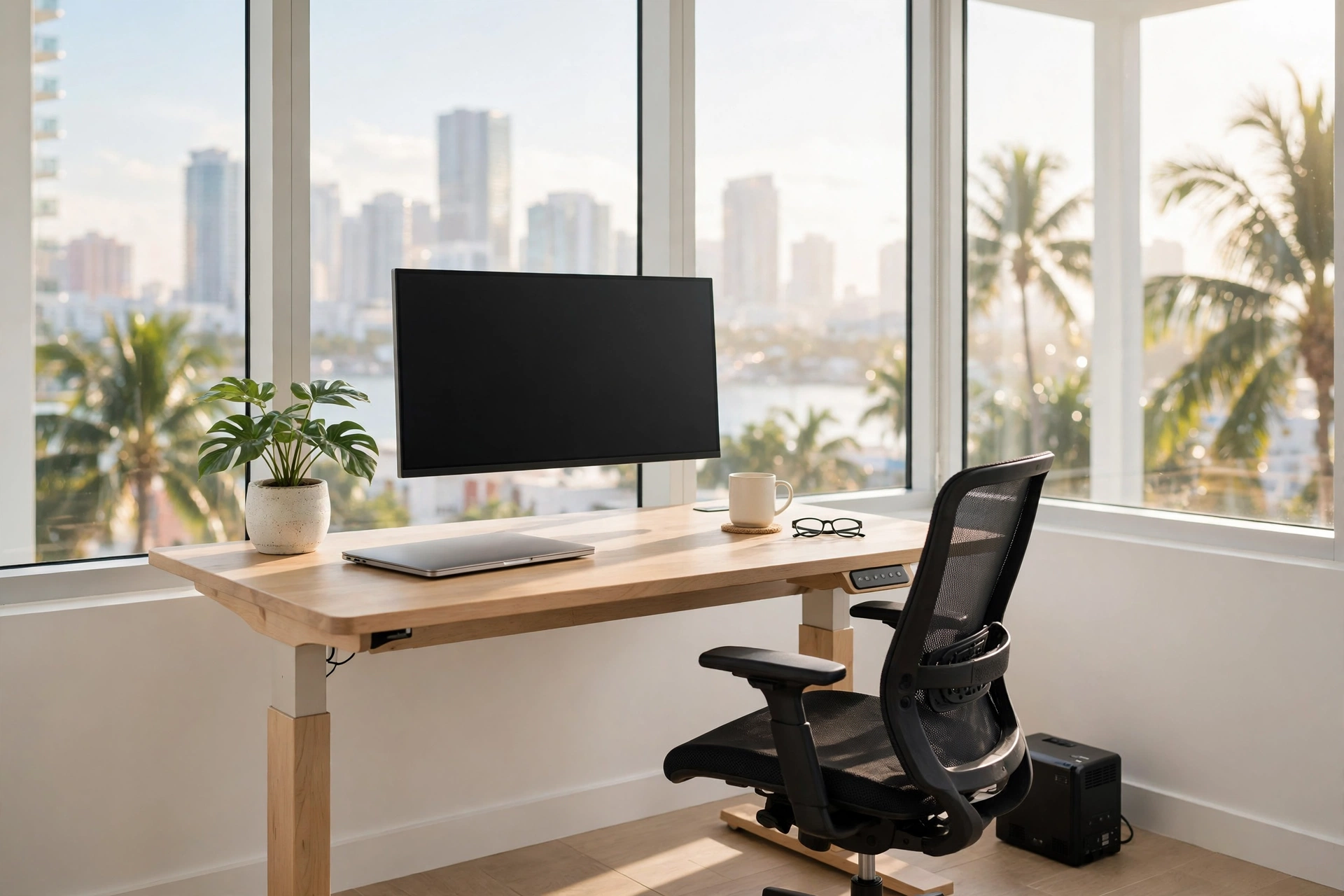 Bright home office corner in a Miami apartment with a sit-stand desk, a single large monitor, an ergonomic mesh chair and a battery backup unit beside the desk, palm trees and the Miami skyline through the window in warm morning light — moving to Miami, cost of living in Miami, best neighborhoods in Miami for remote workers