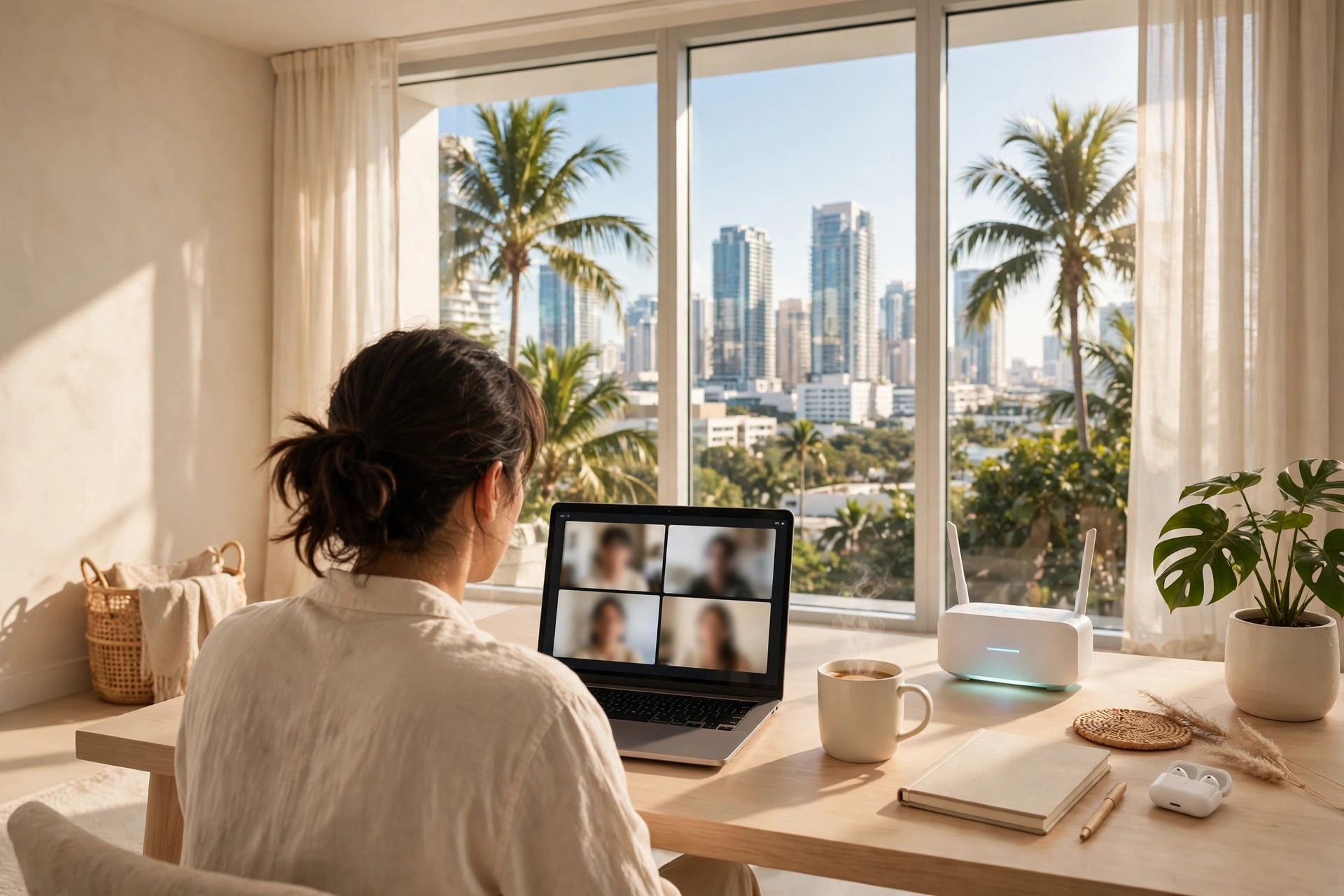 Moving to Miami: best internet speeds by neighborhood for remote workers — home office with fiber router and Brickell skyline, cost of living in Miami