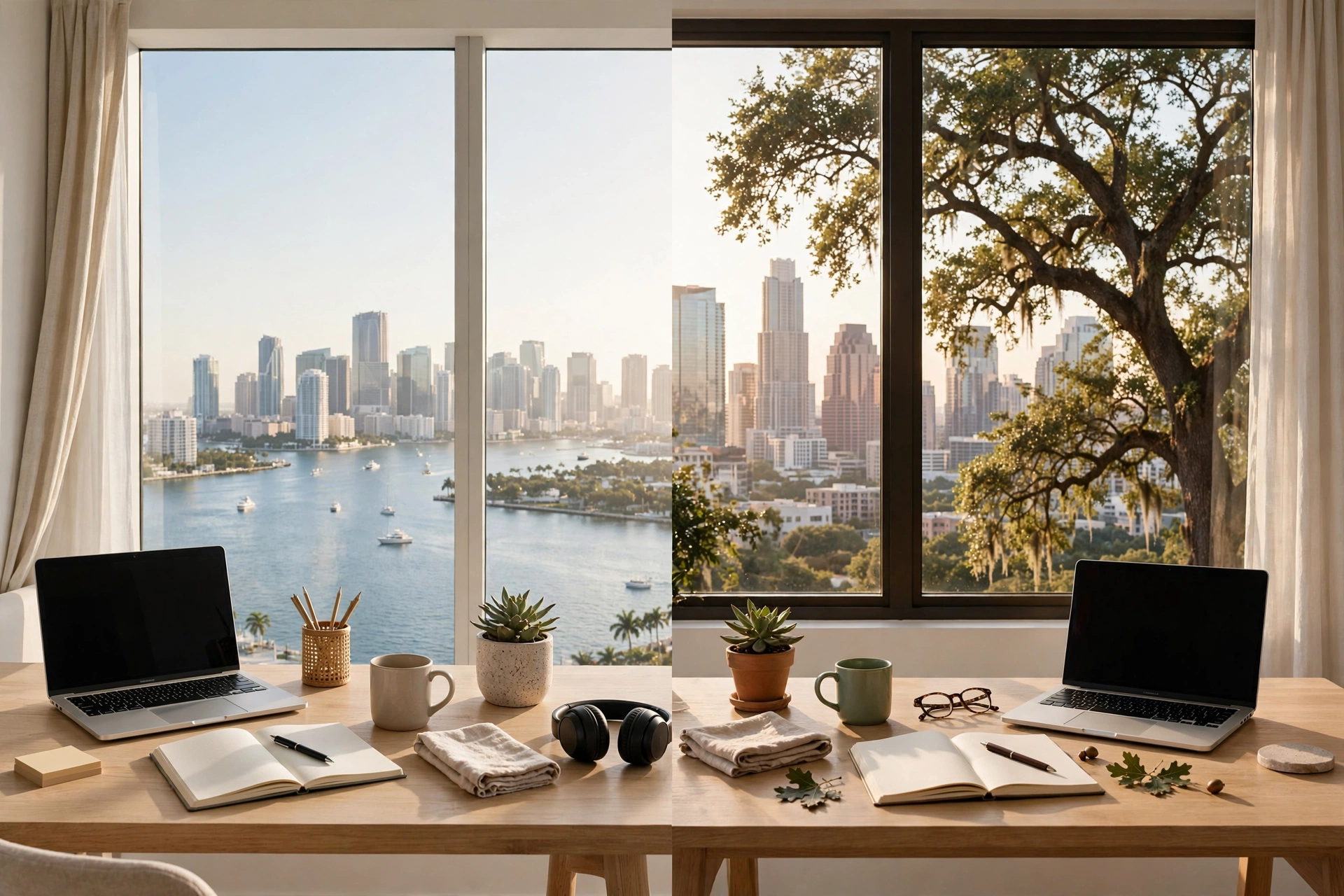 Split view of two remote work desks, one overlooking the Miami skyline and Biscayne Bay and one overlooking the Austin Texas skyline with a live oak, in warm morning light — moving to Miami, cost of living in Miami vs Austin, best neighborhoods in Miami for remote workers