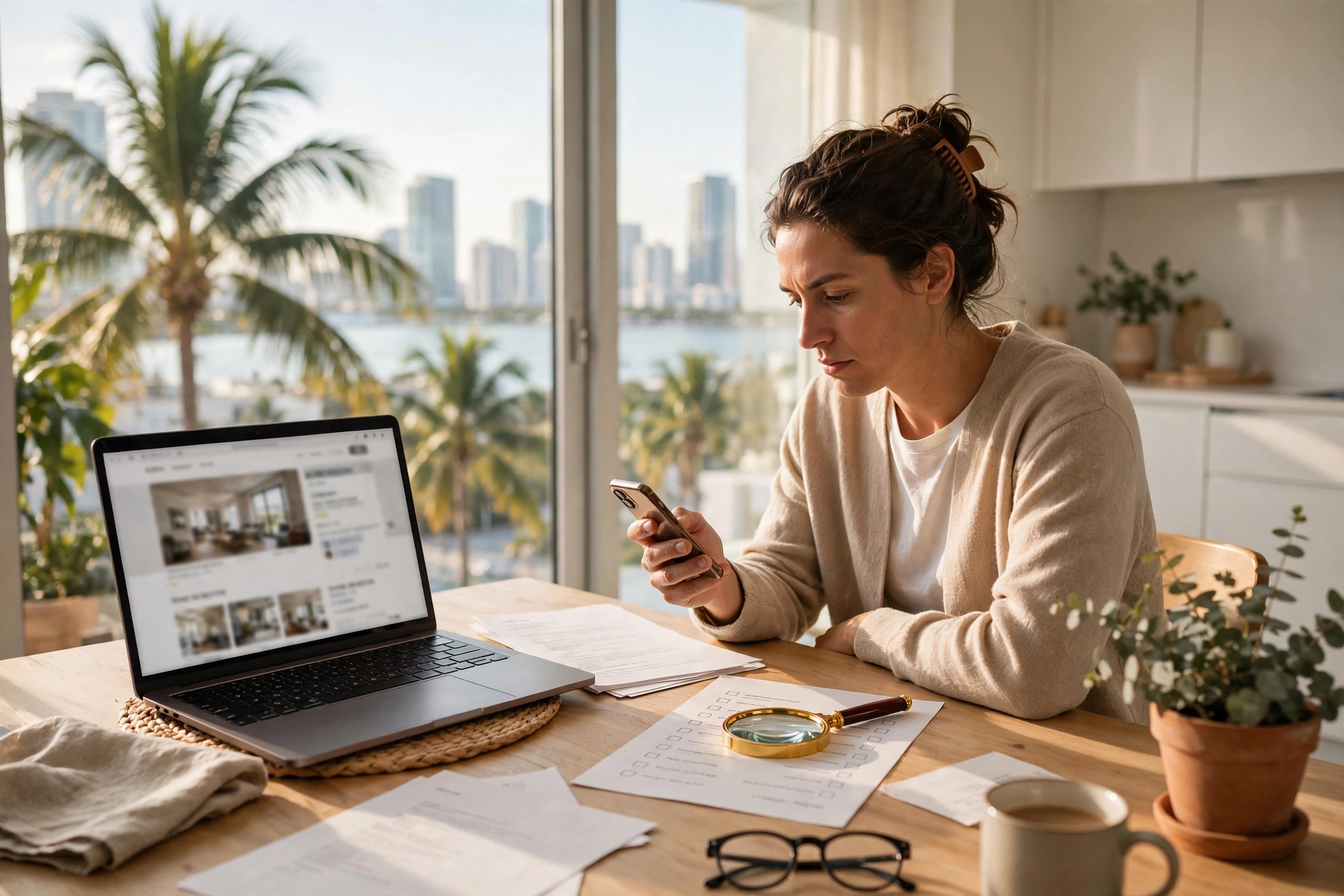 Remote worker at a bright kitchen table checking a rental listing on a laptop with a printed lease and checklist beside it, Miami skyline and palm trees through the window — moving to Miami, how to avoid rental scams in Miami, cost of living Miami