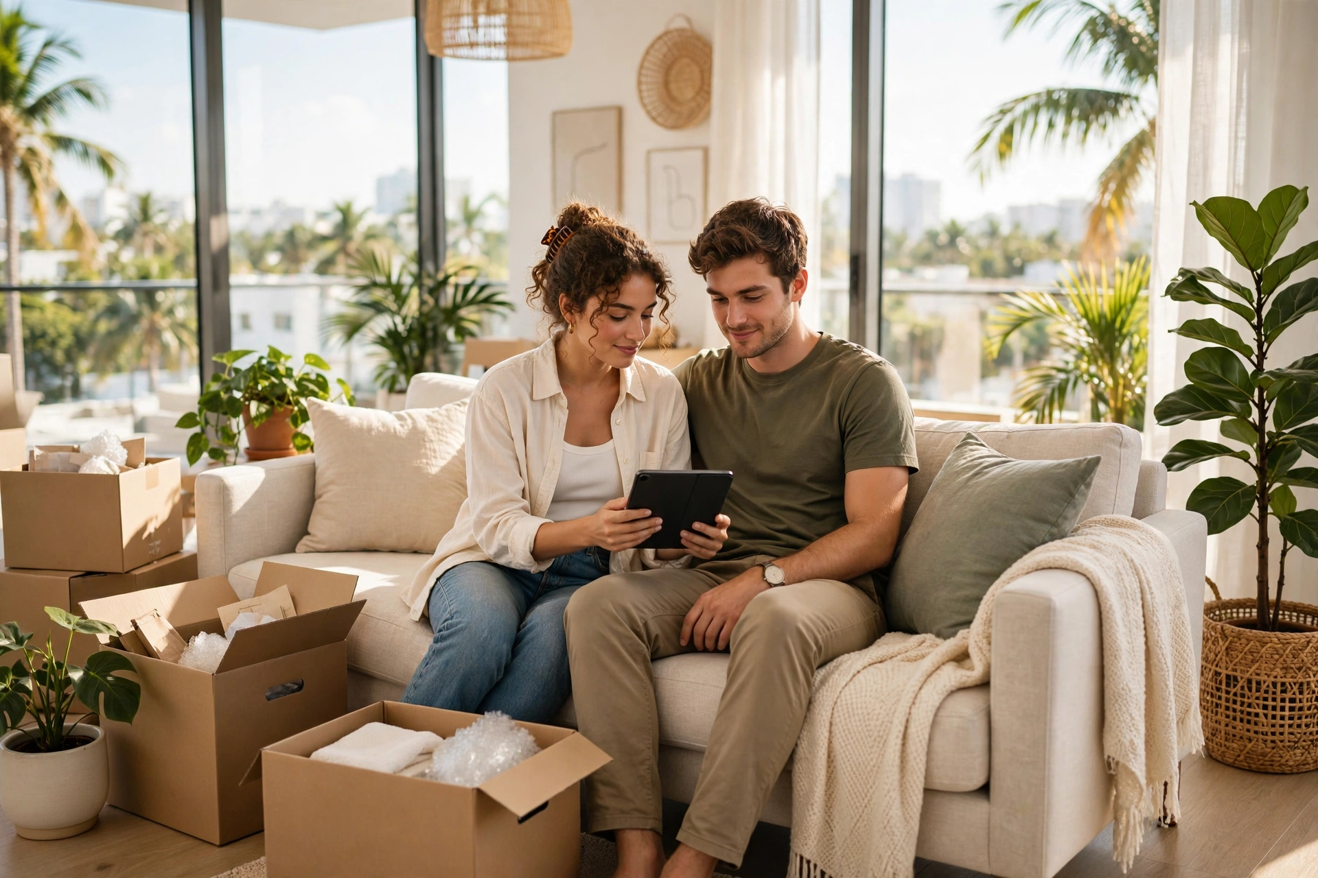 New couple in a bright new Miami apartment with moving boxes, reviewing a tablet on the sofa — moving to Miami, renters insurance in Florida, cost of living in Miami, best neighborhoods in Miami