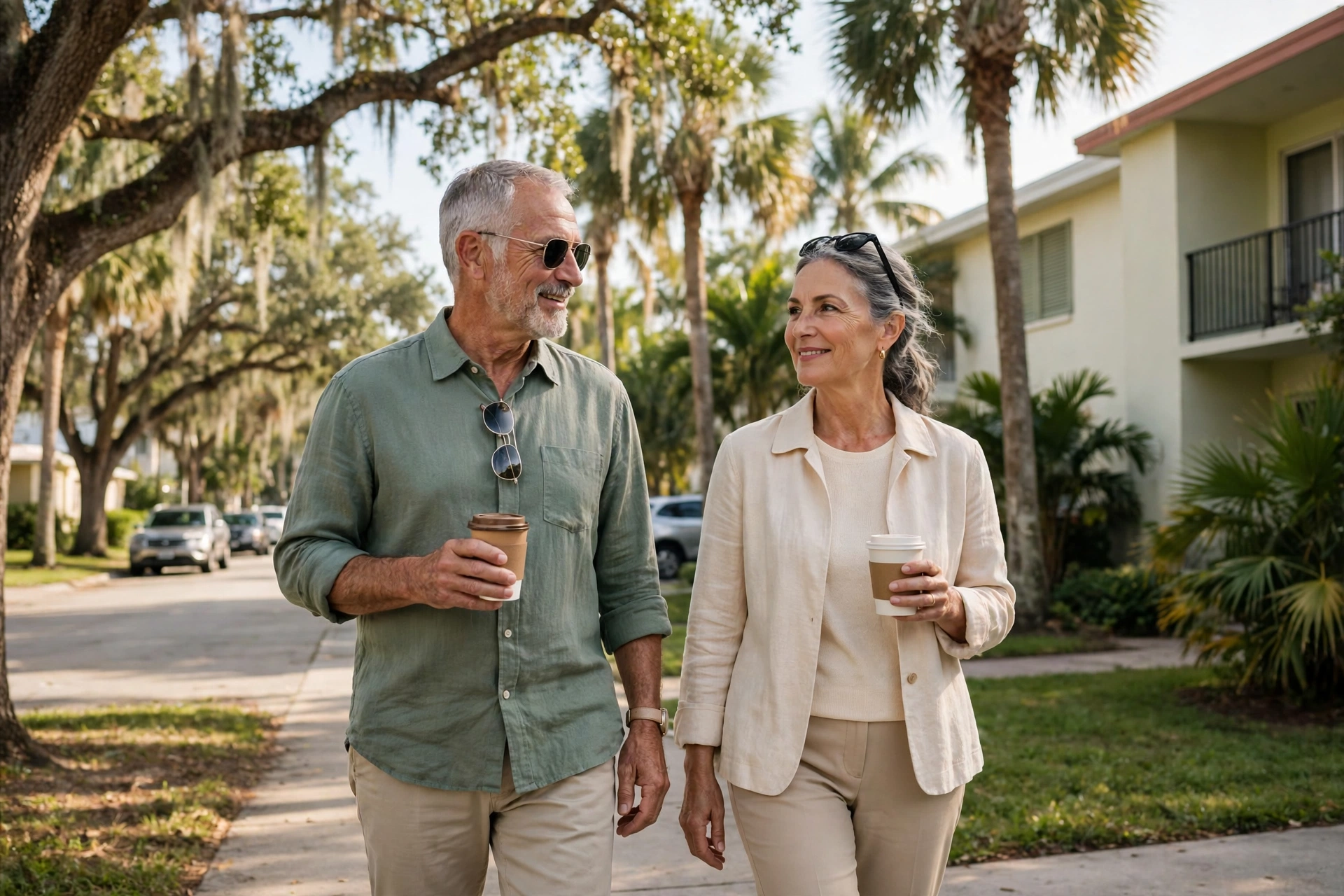 Retired couple walking with coffee on a tree-lined Kendall street in warm morning light — moving to Miami, retiring in Miami, cost of living in Miami, best neighborhoods in Miami