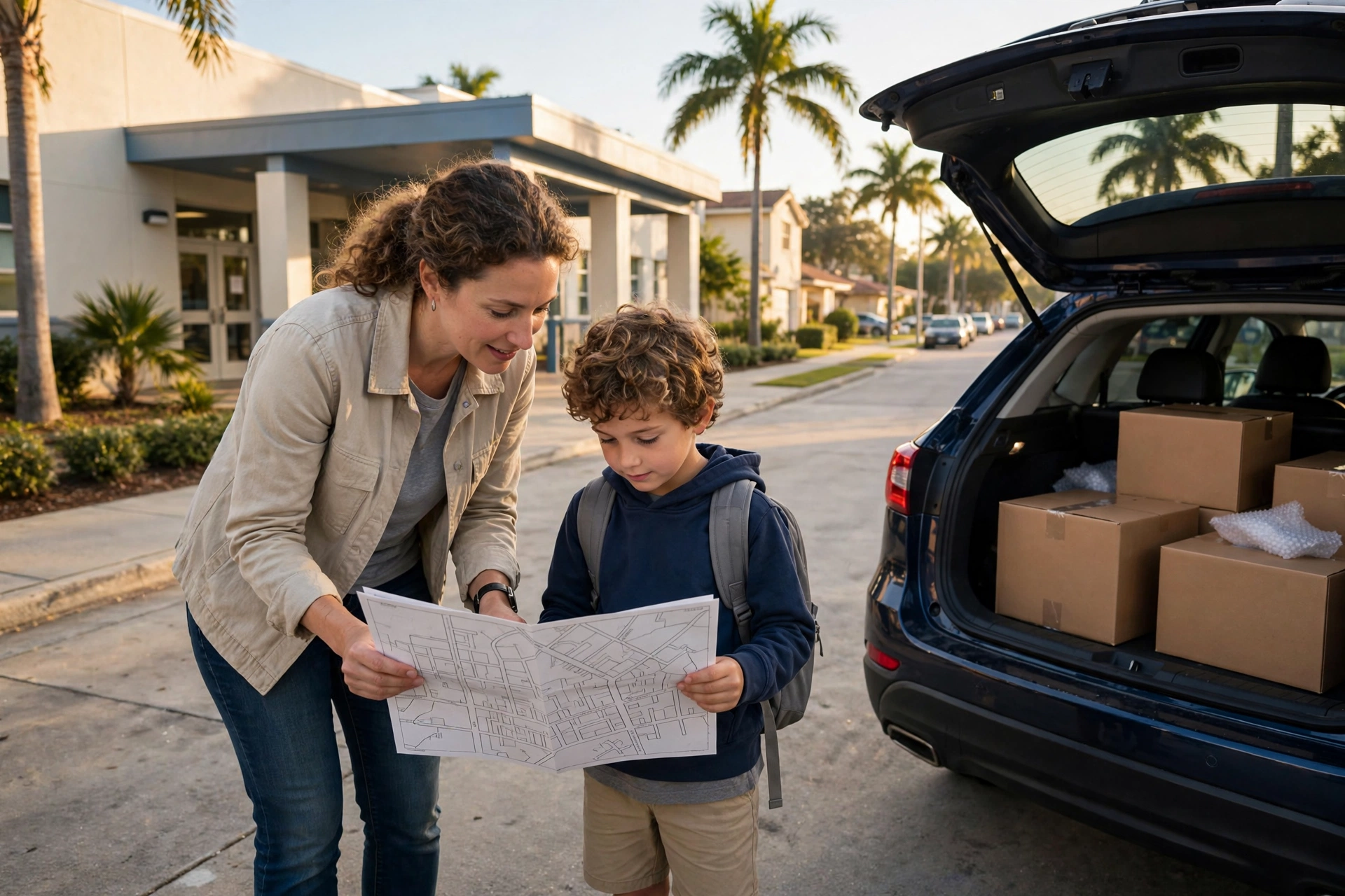 Parent and child with a neighborhood map outside a Miami school in the morning — moving to Miami, finding a good school zone before you rent, cost of living in Miami, best neighborhoods in Miami
