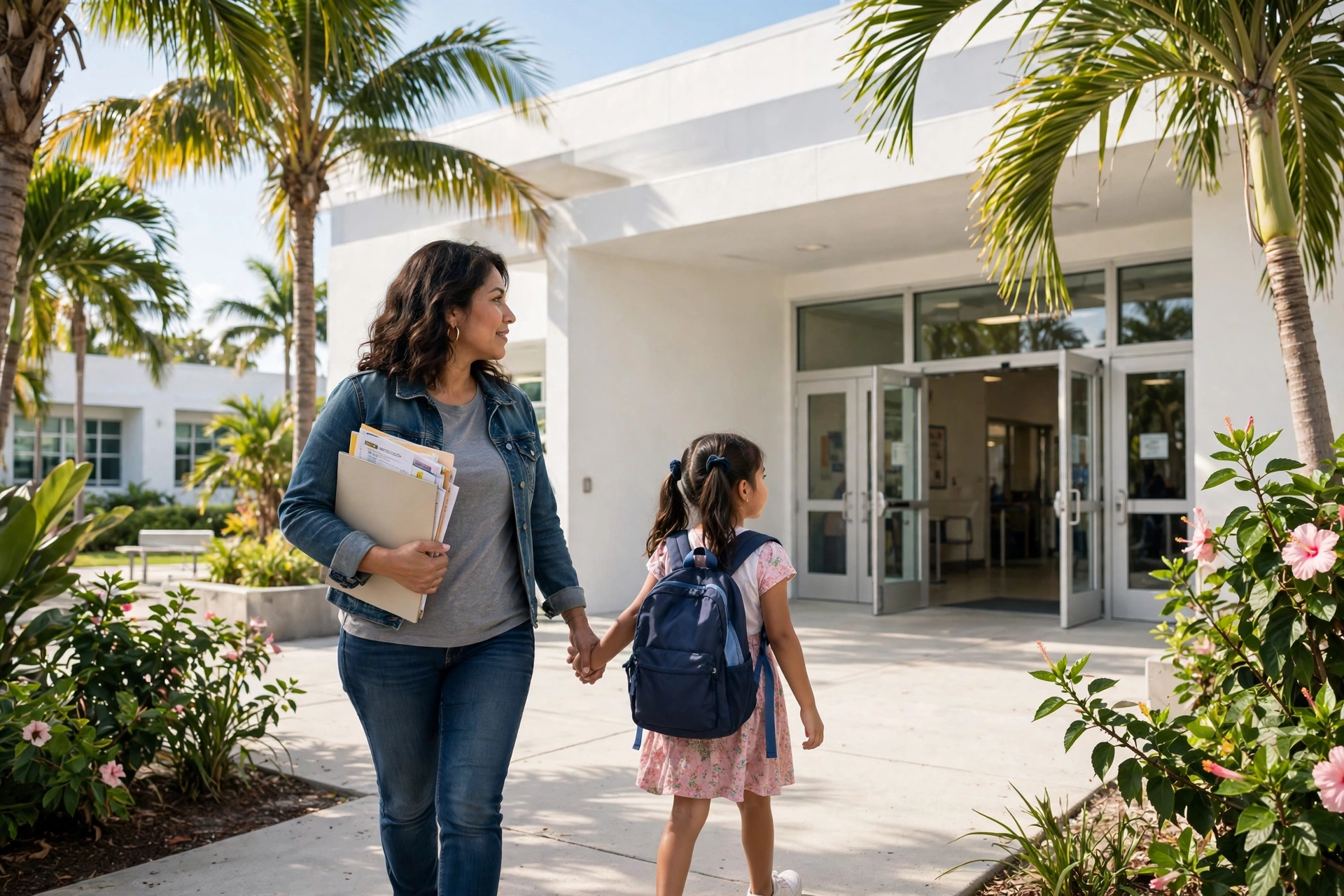 Mother with a documents folder walking her young daughter with a backpack toward a bright Miami public school entrance with palm trees — moving to Miami, registering your kids in Miami-Dade public schools, moving to Miami with kids