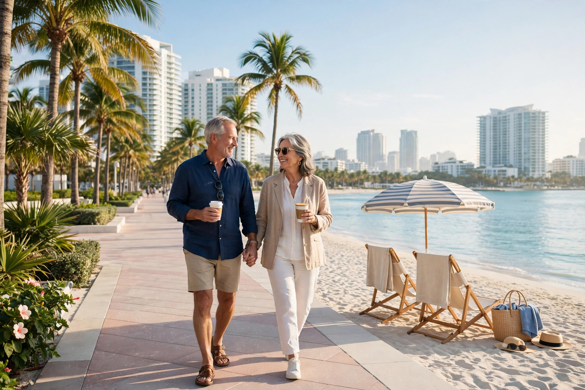 Pareja de jubilados snowbirds caminando por un paseo marítimo de Miami con palmeras en un día soleado de invierno — vivir en Miami el invierno, costo real de una temporada snowbird de 4 meses, cuánto cuesta vivir en miami