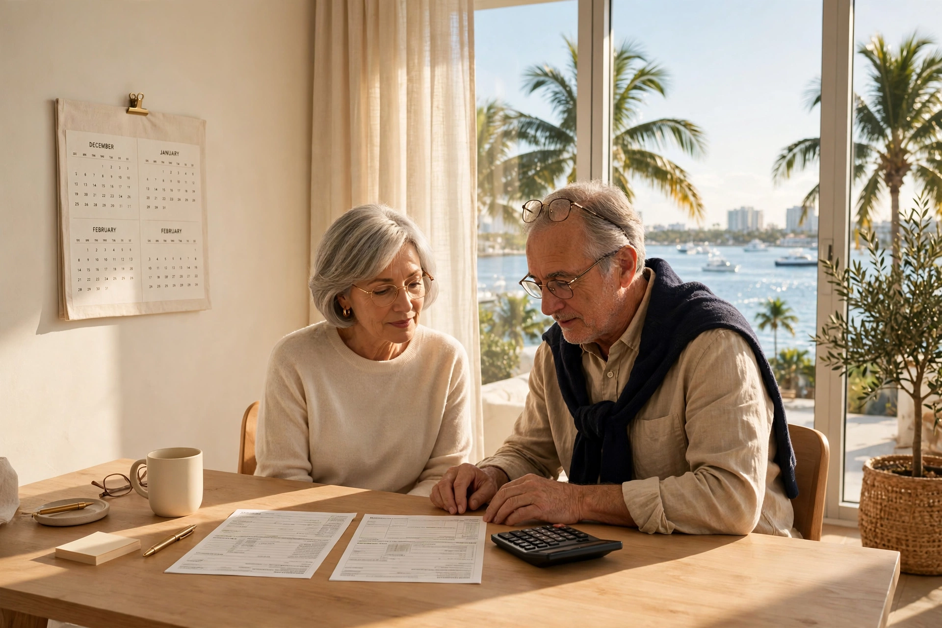 Pareja de snowbirds jubilados en un escritorio luminoso de Miami con calendario de invierno, calculadora y dos formularios de impuestos estatales — vivir en Miami, snowbirds y la regla de los 183 días, cuánto cuesta vivir en Miami
