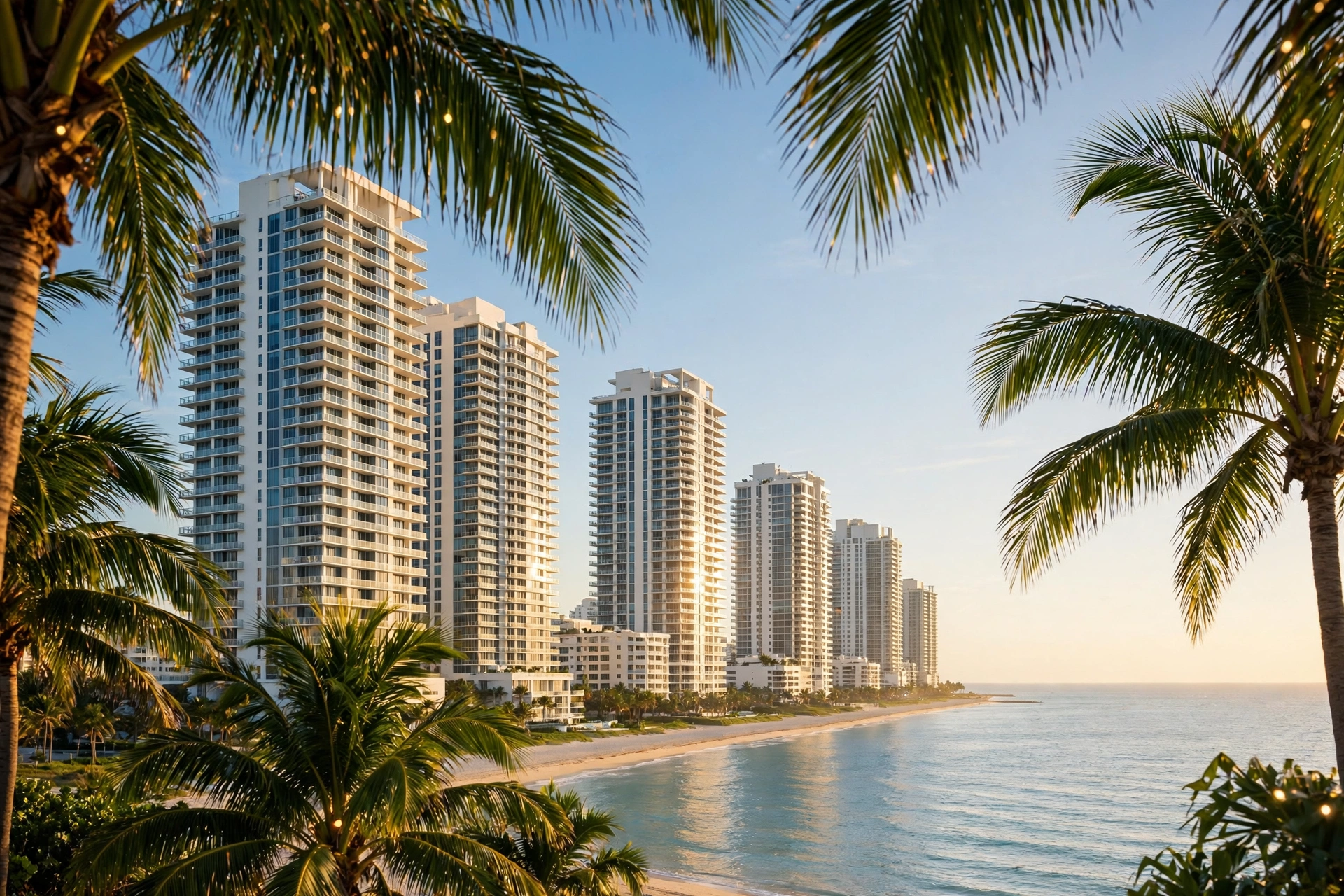 Torres residenciales frente a la playa de Miami entre palmeras en la luz de la mañana de invierno — vivir en Miami en invierno, con cuánta anticipación reservar una renta de invierno snowbird, cuánto cuesta vivir en Miami