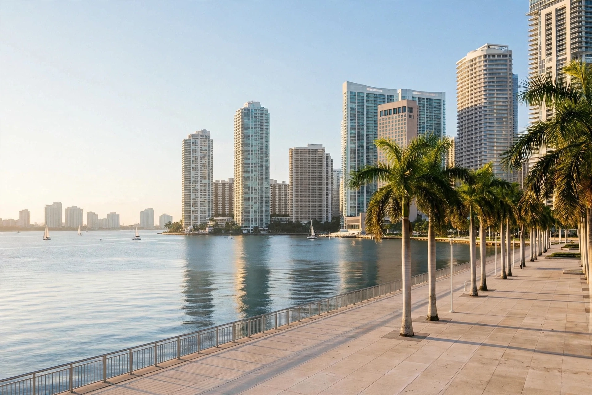 Torres altas de Brickell, Miami, junto a la bahía de Biscayne en una mañana luminosa de invierno, paseo costero y palmeras — vivir en Miami, mejores edificios para rentas de temporada de snowbirds en Brickell, cuánto cuesta vivir en Miami