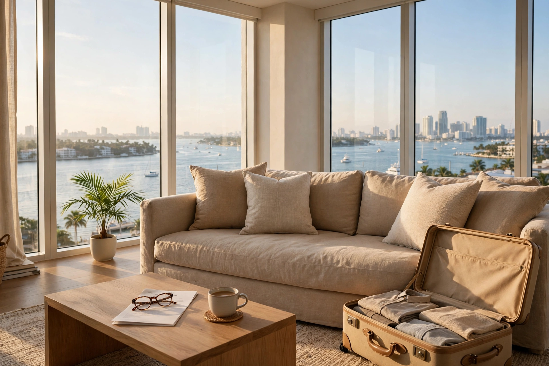 Sala amoblada en Miami con vista a la bahía, contrato de arriendo y maleta lista en luz cálida de mañana — vivir en Miami, checklist del snowbird, cuánto cuesta vivir en Miami