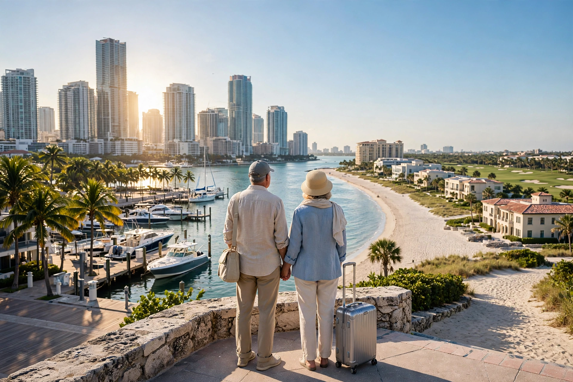 Split view of Miami bayfront skyline and a calm Naples Florida beach with palm trees in warm morning light — moving to Miami, cost of living in Miami vs Naples, best neighborhoods in Miami for snowbirds