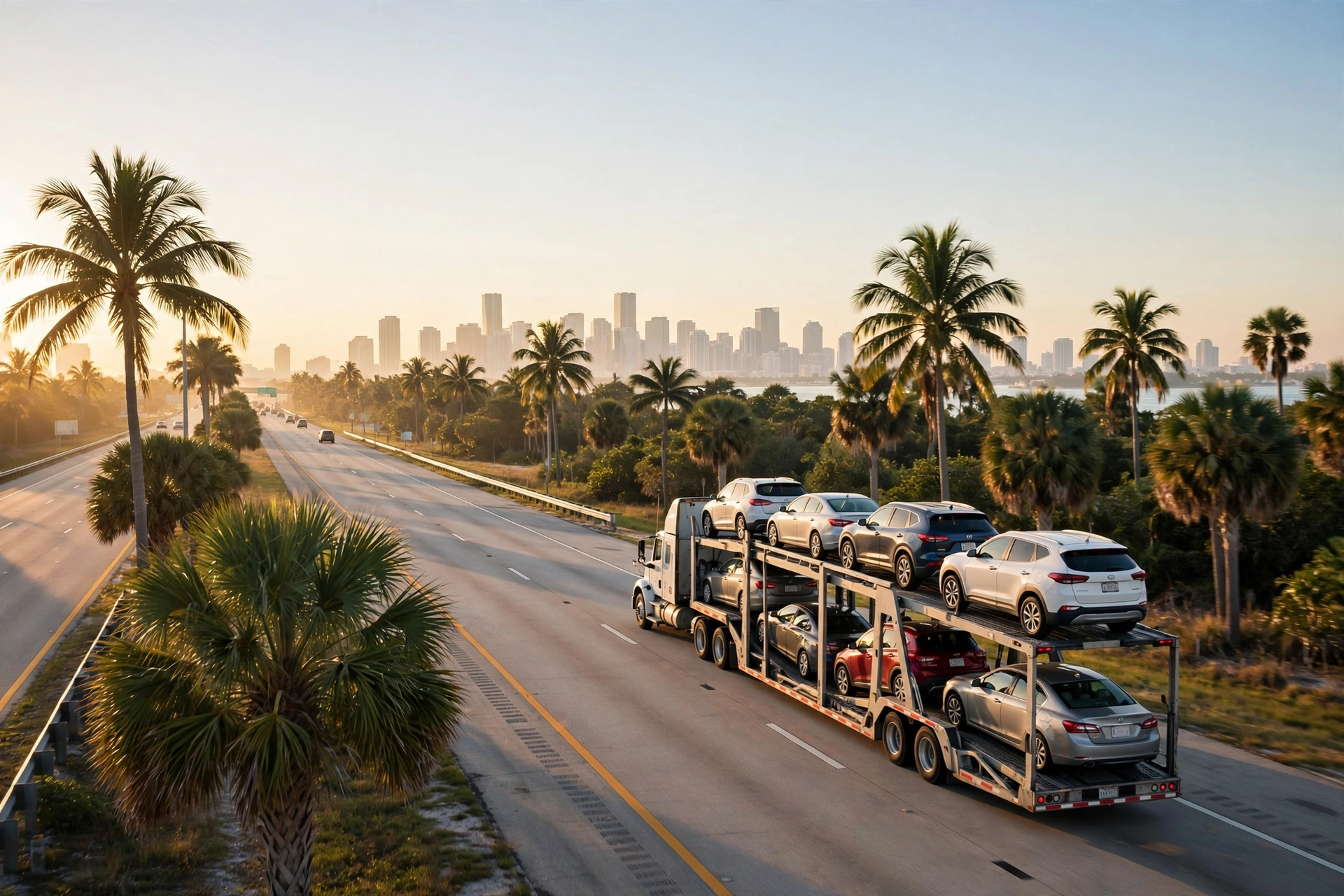 Camión transportador cargado de carros en una autopista de Florida hacia el skyline de Miami en luz cálida de invierno — vivir en Miami, cuánto cuesta vivir en Miami, mejores barrios de Miami para snowbirds que envían su carro