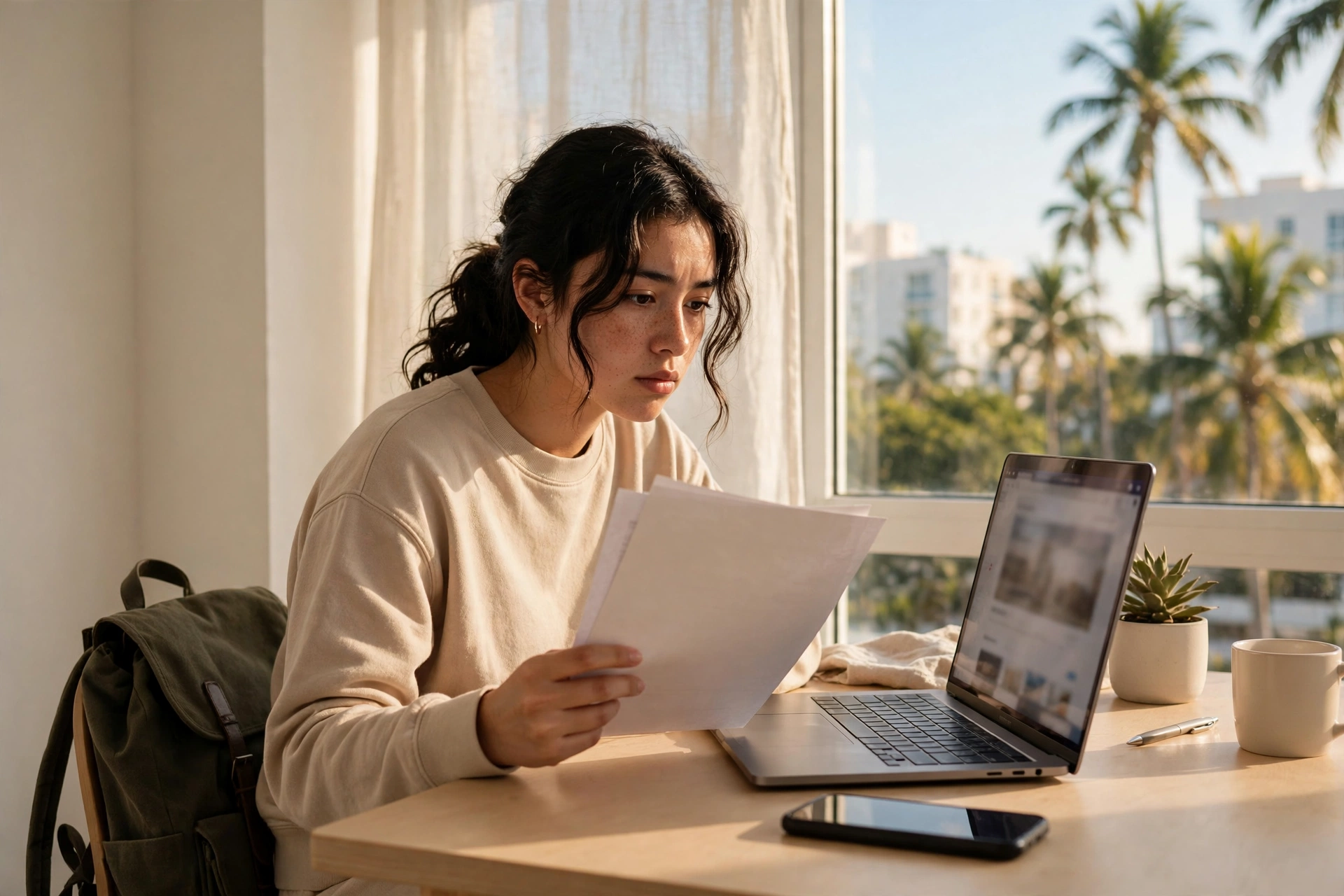 Estudiante universitaria internacional en Miami revisando con cuidado un anuncio de renta en una laptop mientras sostiene un contrato, mochila y celular sobre el escritorio, palmeras y luz de sol por la ventana — vivir en Miami, estafas de vivienda estudiantil, señales de alerta, cuánto cuesta vivir en Miami