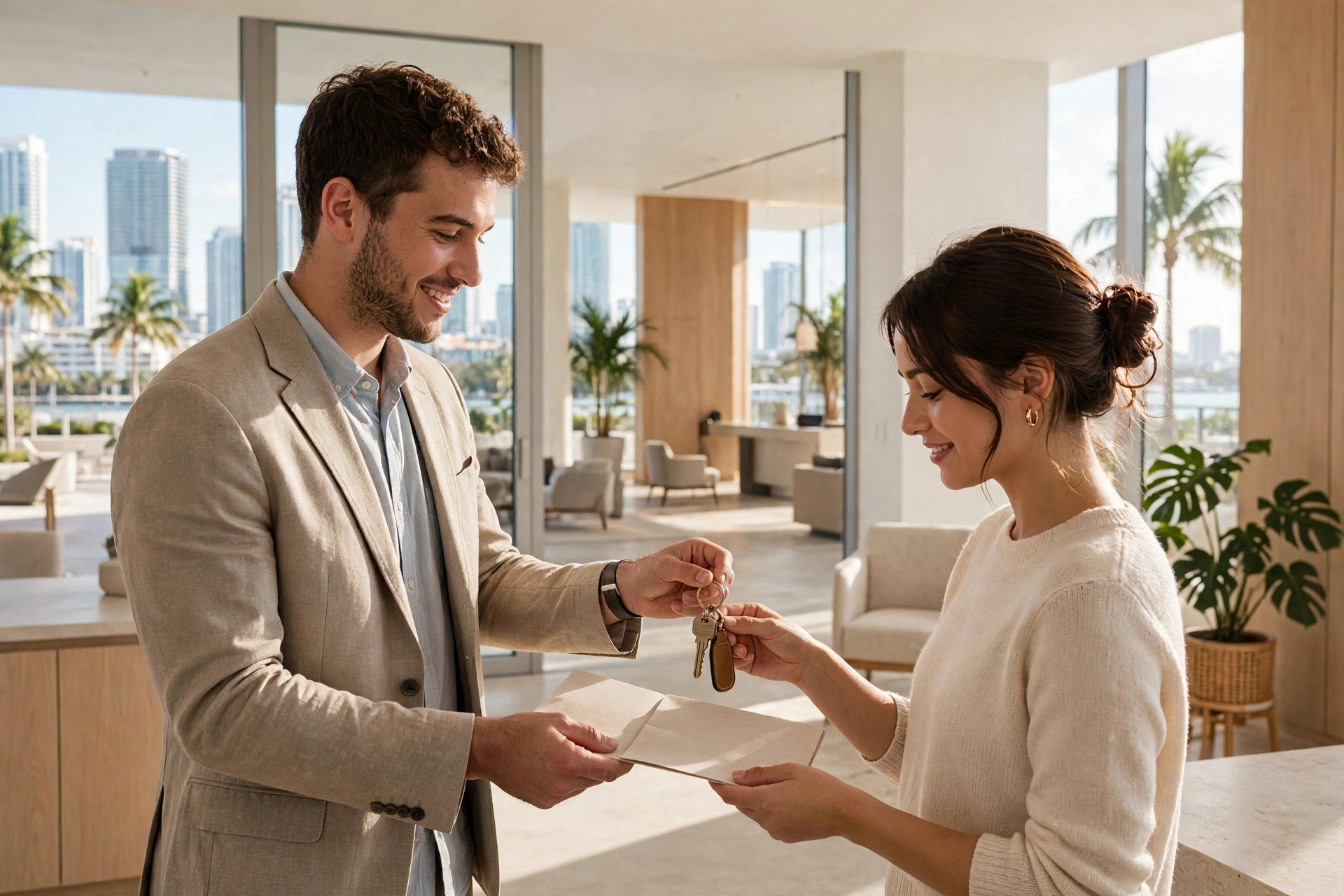 Inquilina entregando las llaves y un documento de subarriendo firmado a una nueva subarrendataria en el lobby luminoso de un condo de Miami con palmeras y skyline por las ventanas — vivir en Miami, reglas de subarriendo en edificios de Miami, cuánto cuesta vivir en Miami