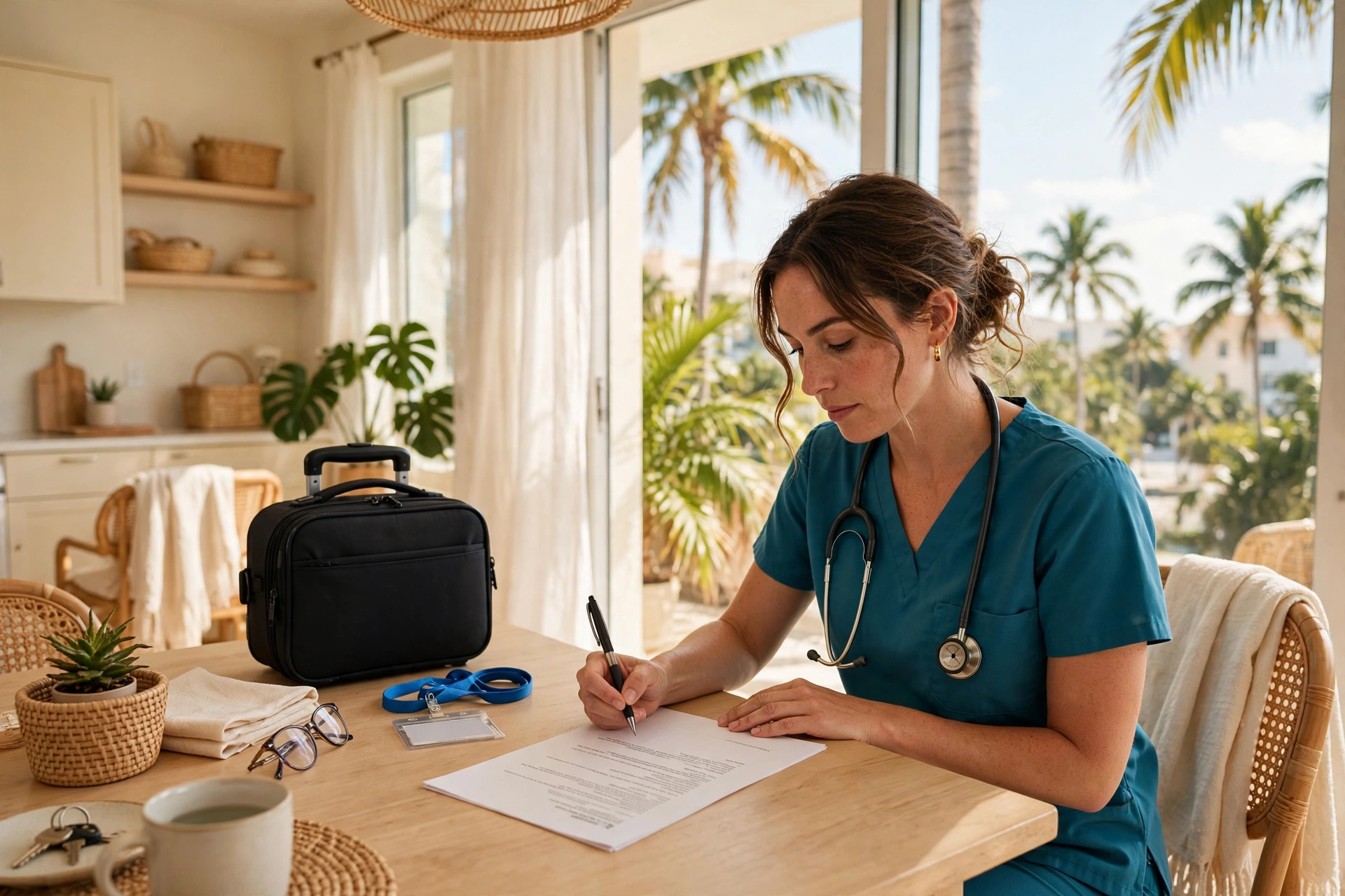 Enfermera travel nurse revisando un arriendo de corto plazo en un apartamento amoblado cerca de Jackson Memorial en Miami — vivir en miami, cuánto cuesta vivir en miami 2026