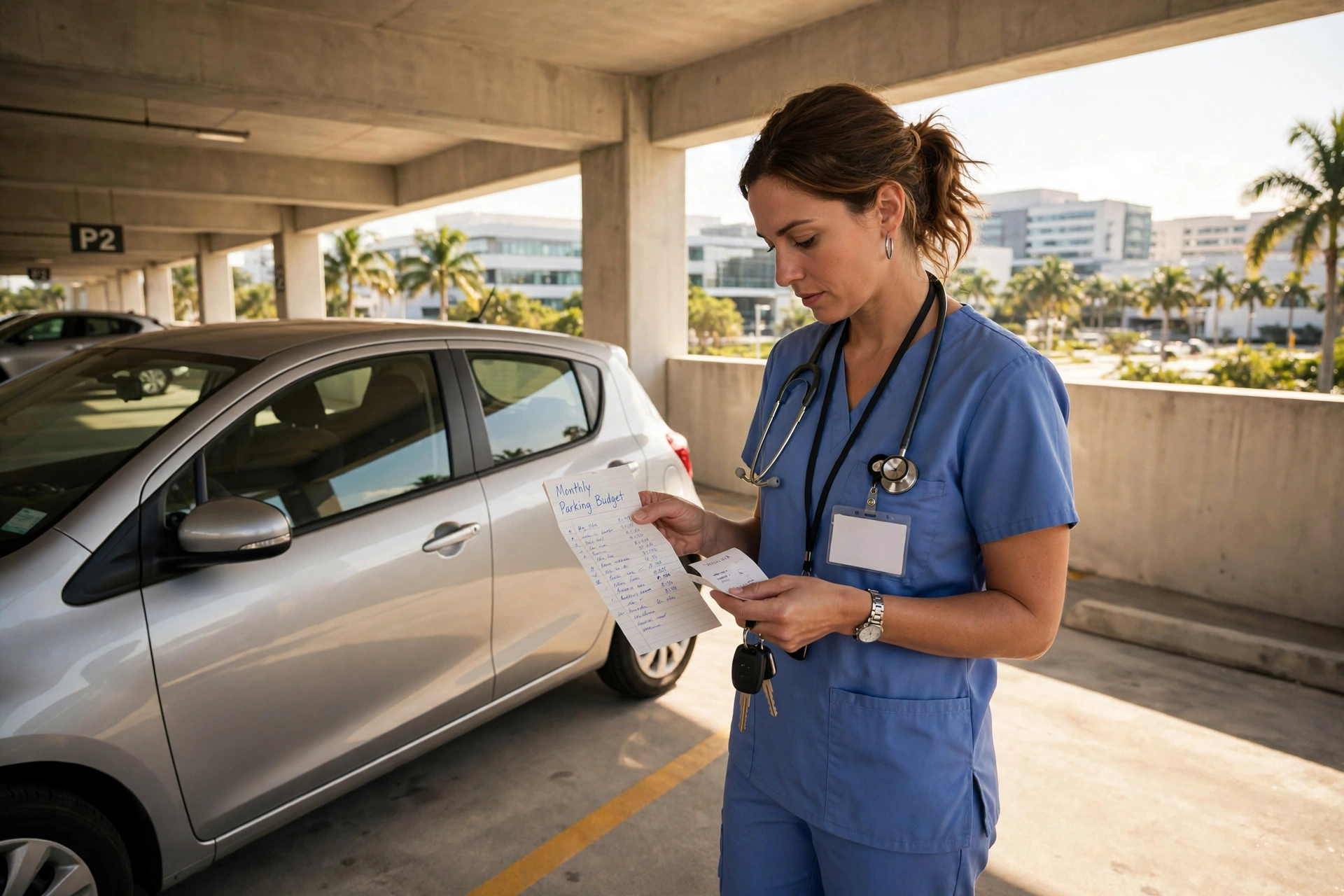 Travel nurse in scrubs beside a compact car in a sunny Miami hospital parking garage holding a parking ticket and keys, hospital buildings and palm trees behind — moving to Miami, travel nurses bringing a car to Miami, parking costs near hospitals, cost of living in Miami