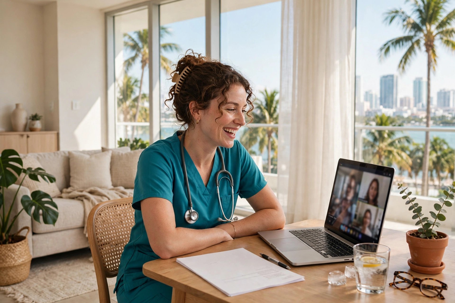 Travel nurse in scrubs at a dining table in a bright furnished Miami apartment, laptop and lease extension document in front of her, palm trees and skyline through the window — moving to Miami, extending a travel nurse contract in Miami, renegotiate housing, cost of living in Miami