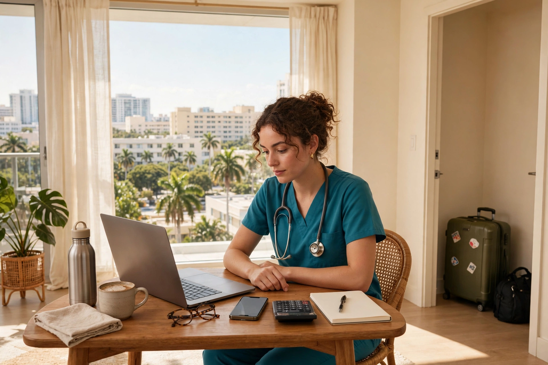Travel nurse in scrubs at a bright Miami apartment table comparing two rental listings on a laptop and phone with a calculator and housing budget notebook, suitcase by the door and hospital buildings through the window — moving to Miami, Furnished Finder vs Airbnb for 13-week contracts, cost of living in Miami