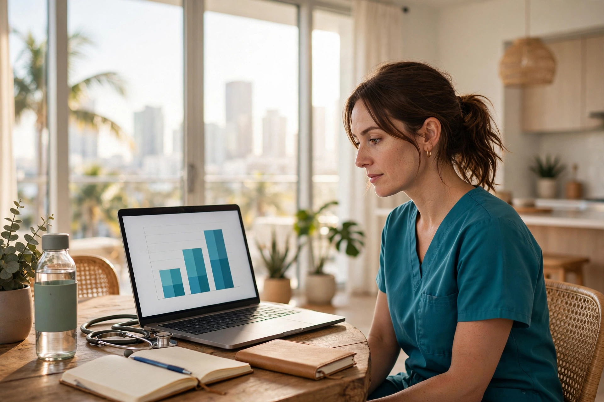 Travel nurse in scrubs reviewing a pay comparison on a laptop in a bright furnished Miami apartment, palm trees and the medical district skyline through the window — moving to Miami, Miami travel nurse pay in 2026, cost of living in Miami, best neighborhoods in Miami