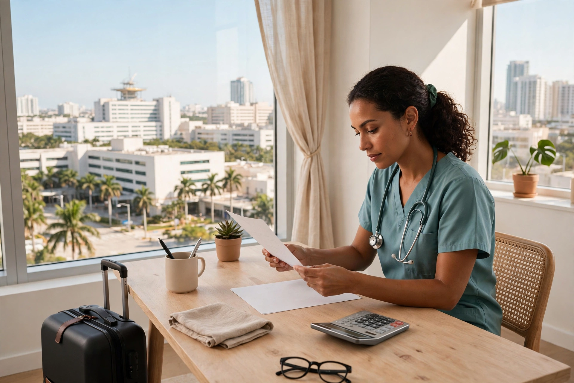 Enfermera viajera con uniforme en un escritorio luminoso de Miami revisando un paquete de pago con calculadora, una maleta y hospitales por la ventana — vivir en Miami, estipendios de travel nurse gravados vs libres de impuestos, cuánto cuesta vivir en Miami