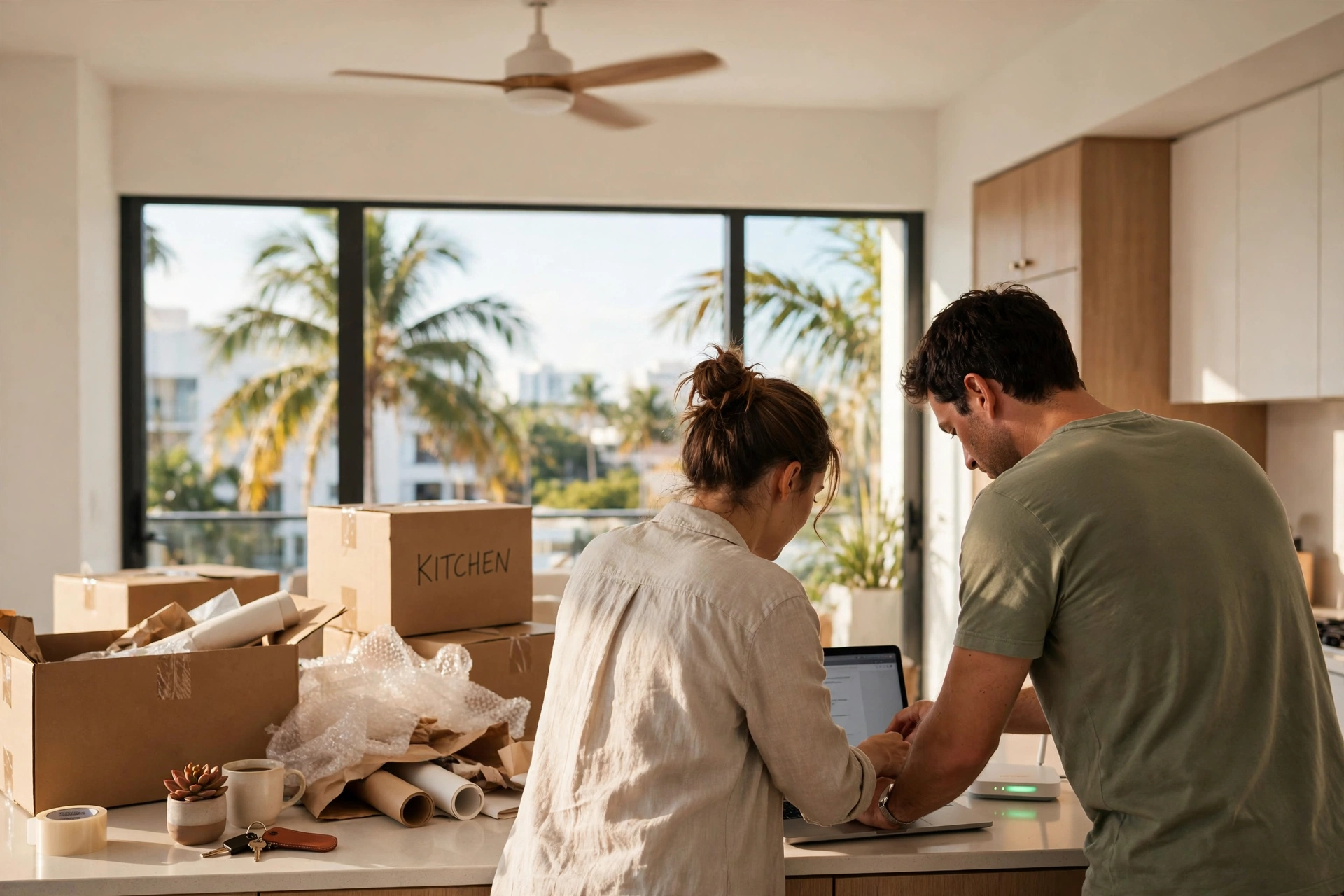 Newcomer couple setting up a laptop and Wi-Fi router in a bright Miami apartment on move-in day — moving to Miami, internet and utilities setup, cost of living in Miami, best neighborhoods in Miami