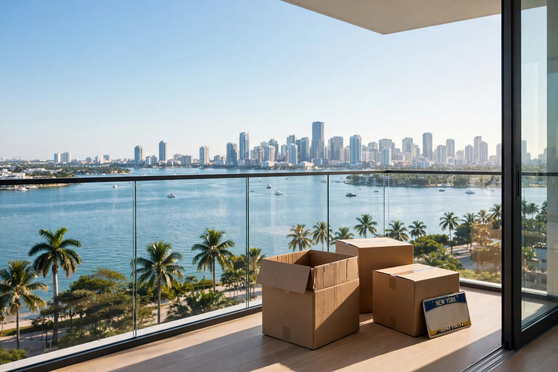 Sunny Miami balcony with moving boxes and a New York license plate overlooking Biscayne Bay — moving to Miami from New York, why more New Yorkers are looking at Miami in 2026, cost of living in Miami vs New York